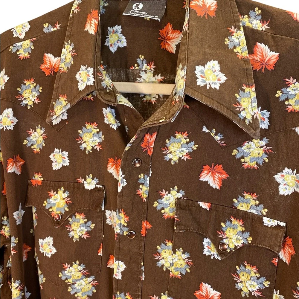 Rare 70s Women’s Brown Floral Western Shirt Copper Pearl Snaps Boho - Picture 3 of 11